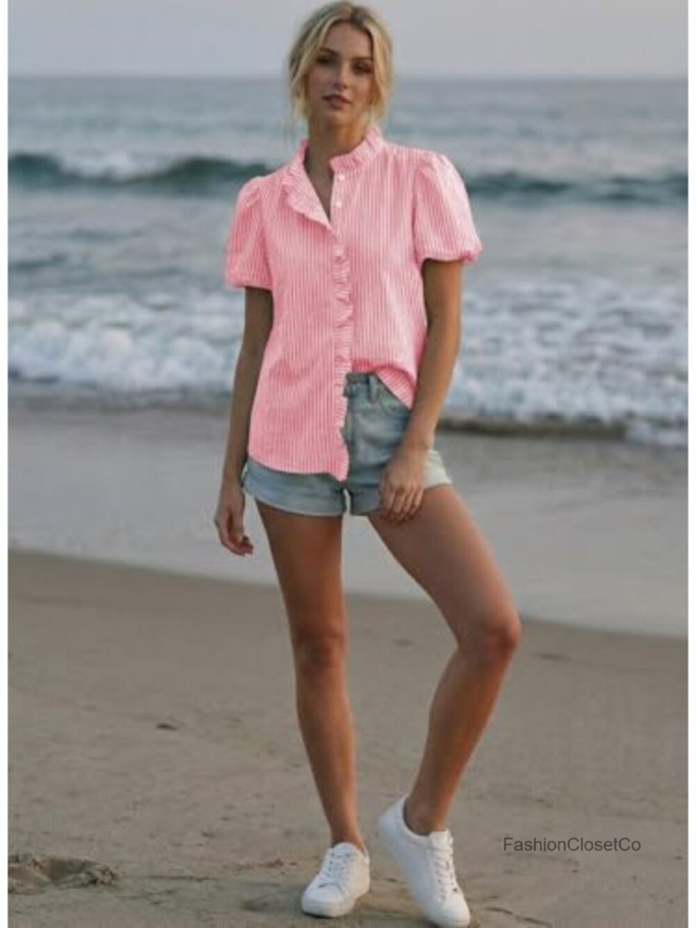 Puff Sleeve Ruffle Collar Striped Button Down Blouse - Picture 2 of 6